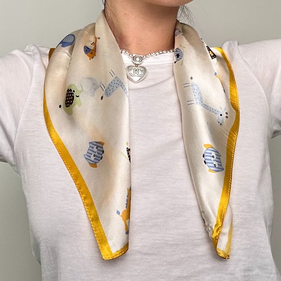 Blue&Yellow&Cream Toy Pure Silk Square Scarf - Picture 3 of 5